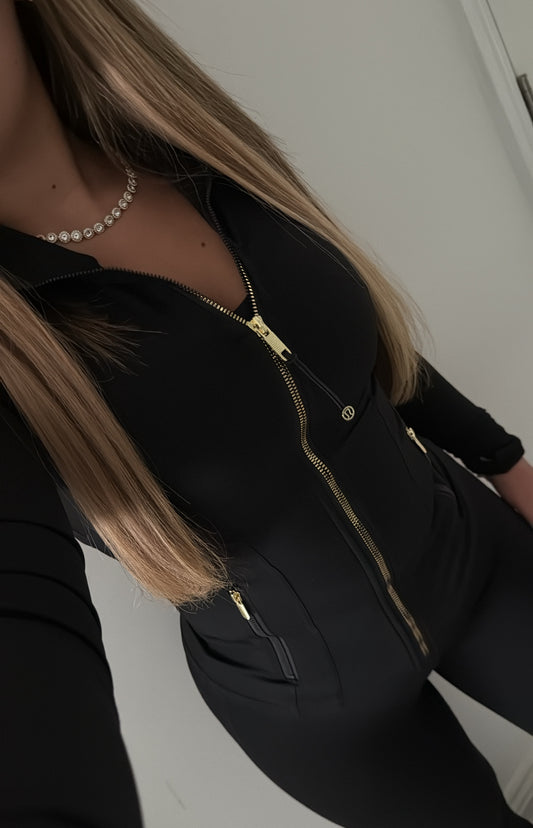 Black Leggings Gold Zip Set