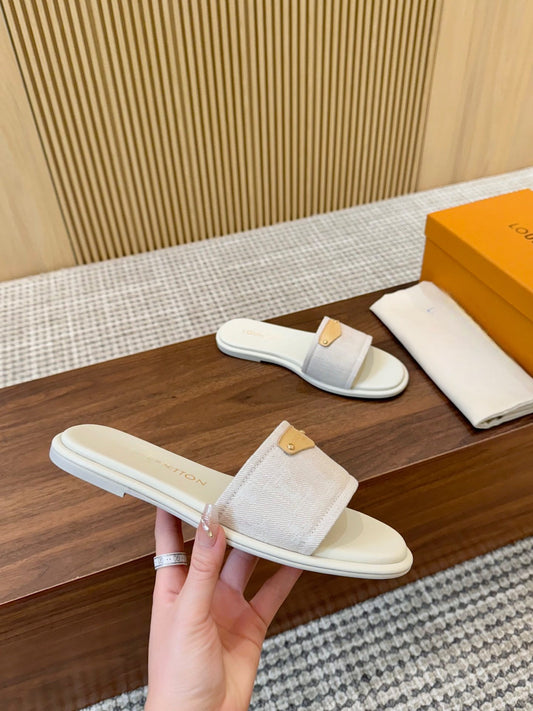 Cream Denim Slides